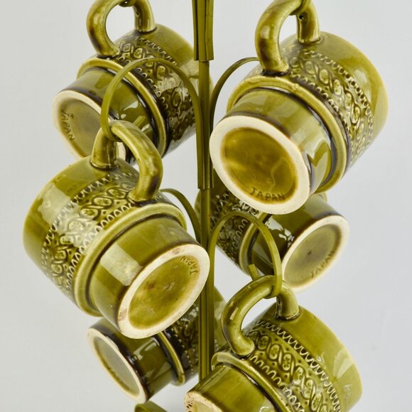 Vintage Avocado Green Japan Coffee Mugs Set of 6 With Storage Tree - Picture 3 of 10